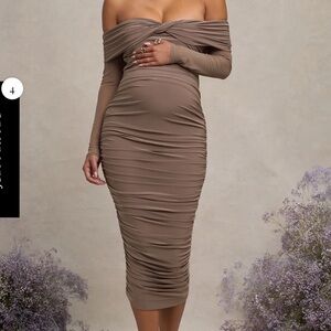 NEVA MOCHA BARDOT TWIST MATERNITY MIDI DRESS